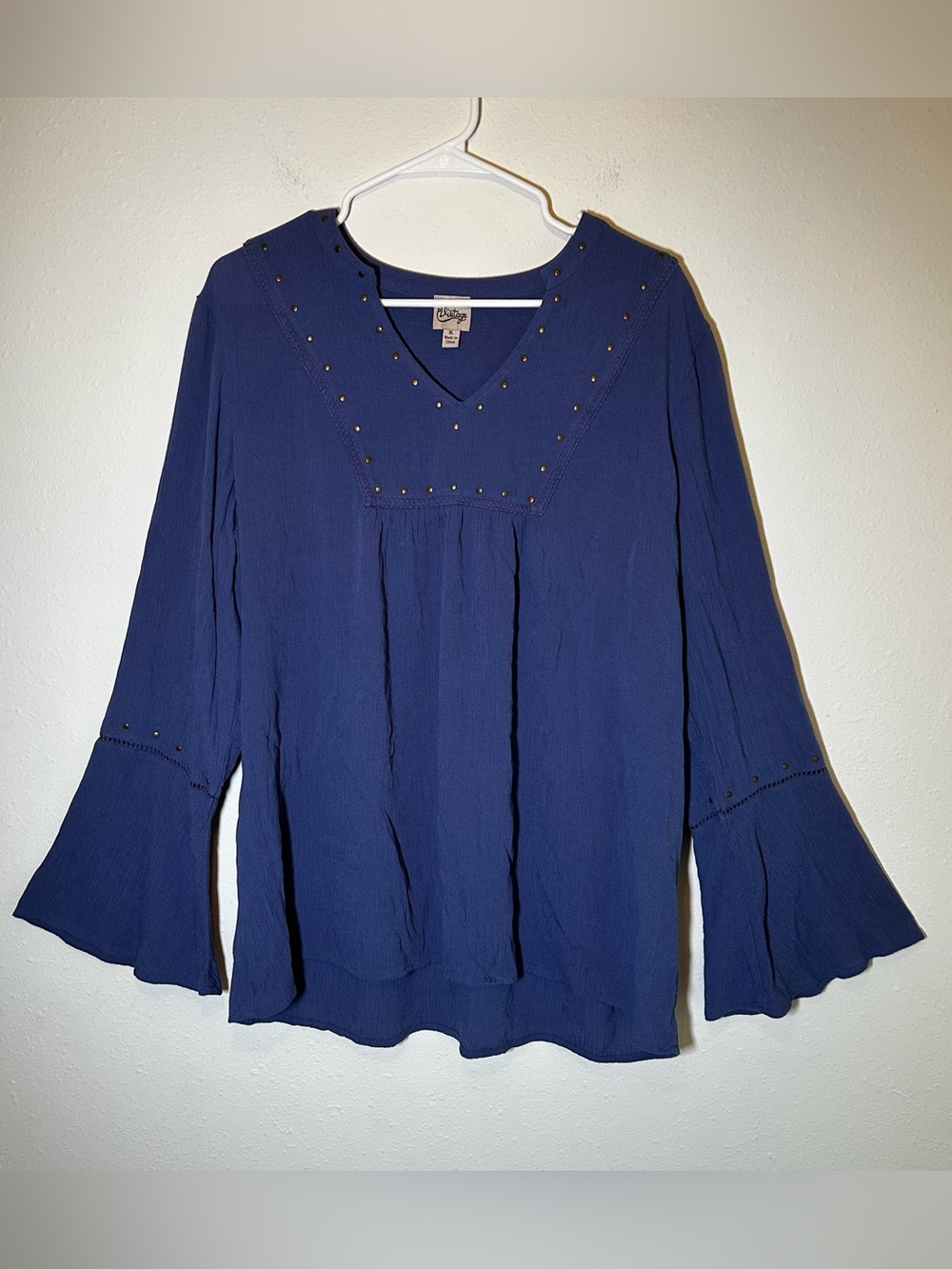 COMO VINTAGE Purple Bell Sleeve Top Women’s XL Boho Western Peasant Studded